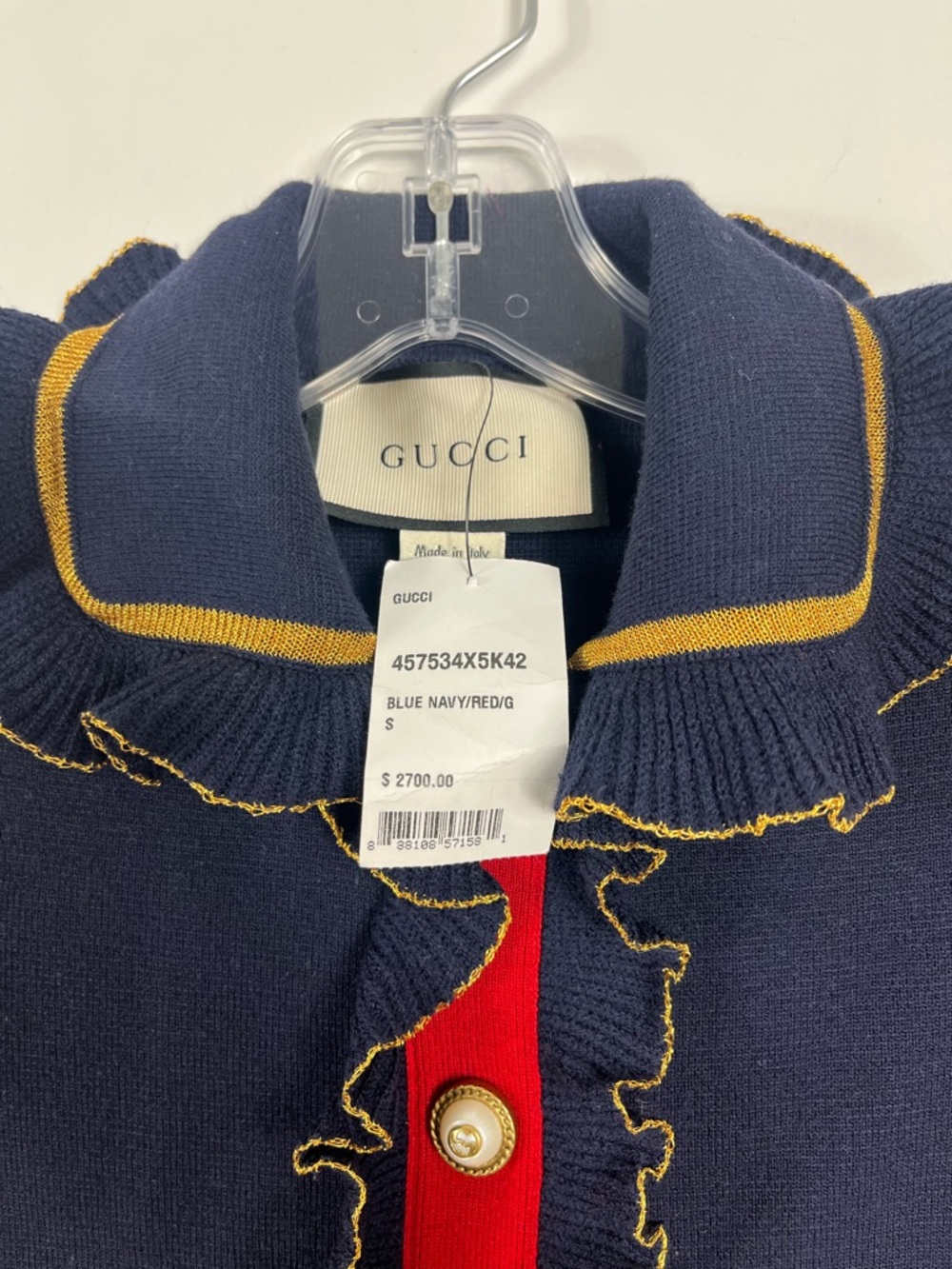 Gucci Pearl Embellished Ruffled Wool Blend Mini Dress Size Small NWT Navy - Picture 7 of 11